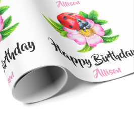 Papel De Presente Feliz Aniversário Personalizado Floral Ladybug