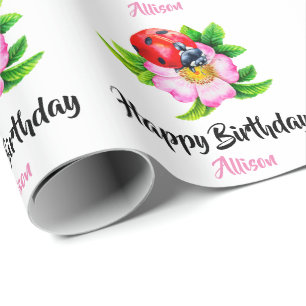 Papel De Presente Feliz Aniversário Personalizado Floral Ladybug