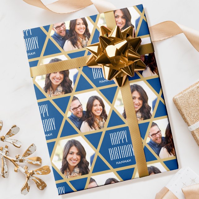 Papel De Presente Feliz Aniversário Personalizado Foto Estrela Azul (Criador carregado)