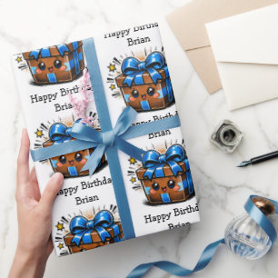 Papel De Presente Feliz Aniversário Personalizado Marrom e Azul