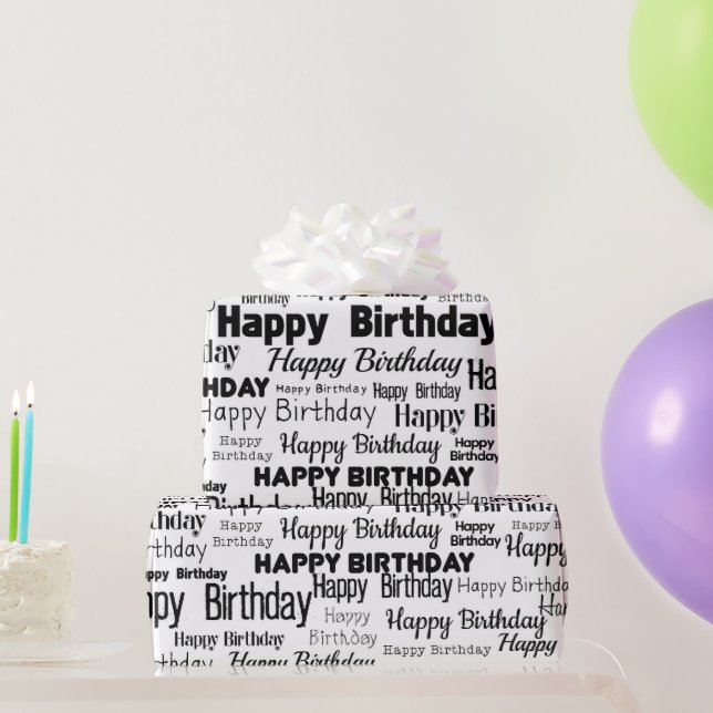 Papel De Presente Feliz Aniversário (preto e branco) (Presentes para festas)