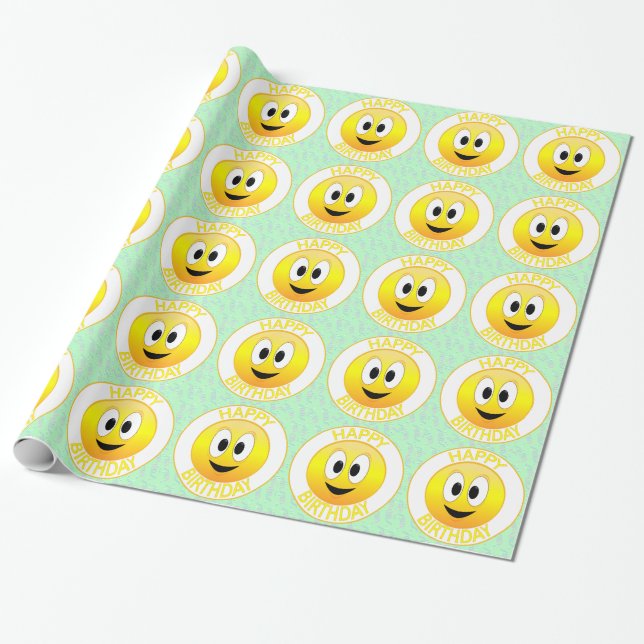 Papel De Presente Feliz Aniversário Rosto Sorridente  (Desenrolado)