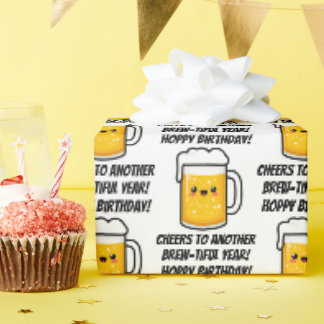 Papel De Presente Feliz Aniversário Saltitante, Cerveja Divertida