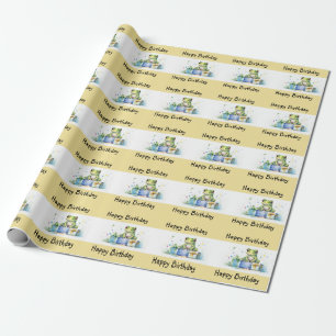 Papel De Presente Feliz Aniversário Sapo Verde Fofo com presentes em