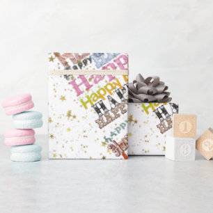 Papel De Presente Feliz Aniversário Script Estrelas Douradas Arco-ír