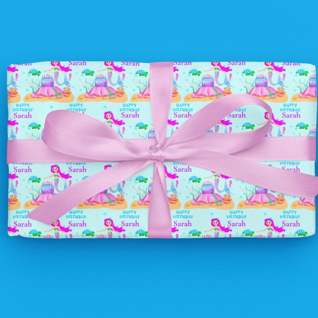 Papel De Presente Feliz Aniversário Sereia Com Tartaruga E Bolo Do M (This unique Mermaid celebrating a birthday will make your little mermaid giggle as she opens gifts!)