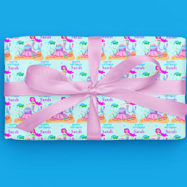 Papel De Presente Feliz Aniversário Sereia Com Tartaruga Marinha E B