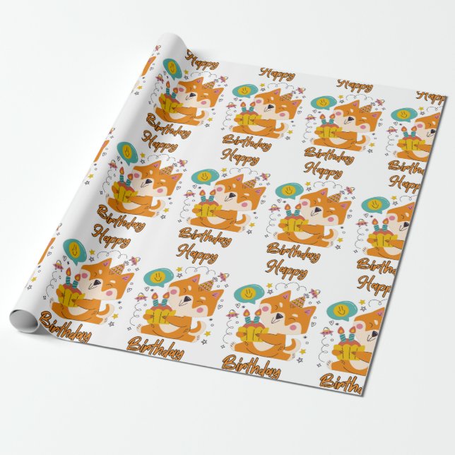 Papel De Presente Feliz aniversário Shiba Inu Wrappaper (Desenrolado)