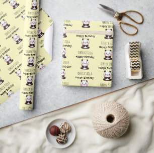 Papel De Presente Feliz aniversário ursinho panda amarelo fofo