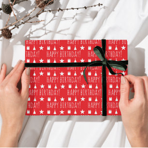 Papel De Presente Feliz Aniversário Vermelho Divertido e Festivo