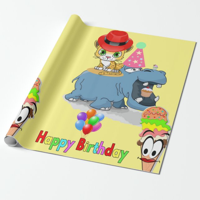 Papel De Presente Feliz Aniversário Wraping Paper Hippopotamus Kitte (Desenrolado)