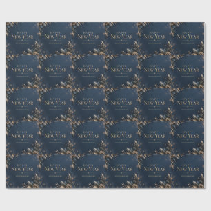 Papel De Presente Feliz Ano Novo Azul Meia-Noite e Dourado Elegante