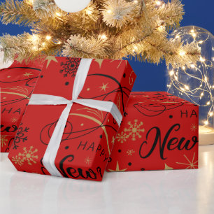 Papel De Presente Feliz Ano Novo Floco de Neve Preto e Dourado