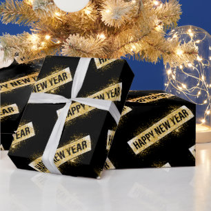 Papel De Presente Feliz Ano Novo Preto Elegante Dourado