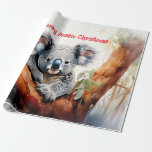 Papel De Presente Feliz Aussie Christmas Koala<br><div class="desc">Uma Feliz de Natal Aussie com uma coala aquática sentada numa goma de goma Este coala pelido é um nativo da Austrália que são facilmente reconhecíveis pelo seu corpo escondido, sem caudas e cabeça grande, com orelhas redondas, fofinhas e nariz grande e em forma de colher.</div>