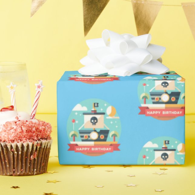 Papel De Presente Feliz Aventura Pirata de Aniversário (Festa de aniversário)