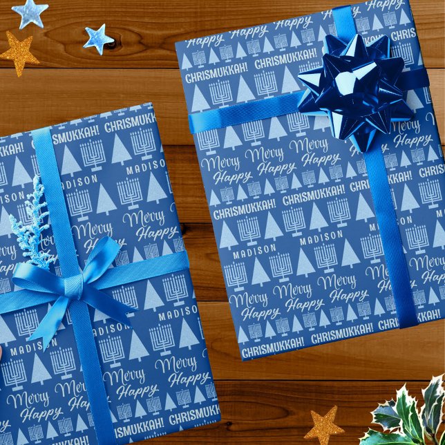 Papel De Presente Feliz Azul, Interfé Childres Nome Chrismukkah (Dark blue CHRISMUKKAH wrapping paper is easy to customize - just add a child's name into the design)