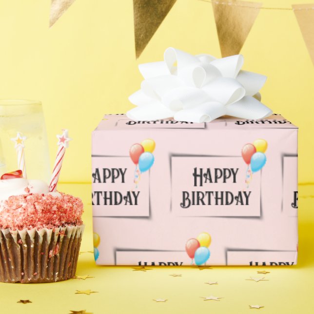 Papel De Presente Feliz Balões de Aniversário a Rosa (Festa de aniversário)