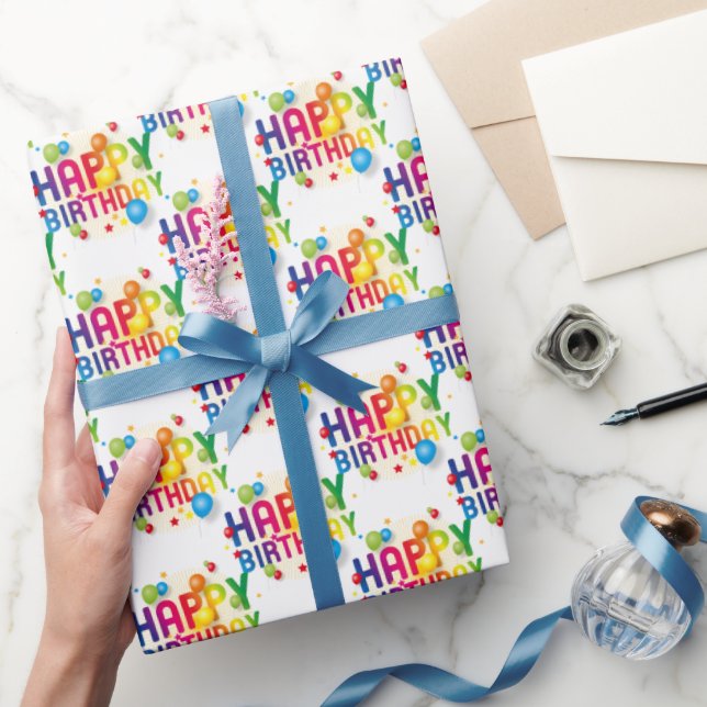 Papel De Presente Feliz Balões de Aniversário em Branco (Presentear)