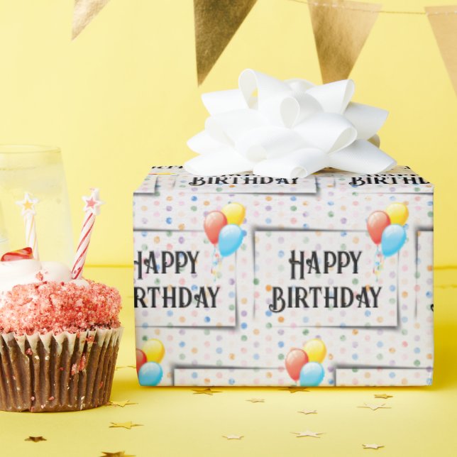 Papel De Presente Feliz Balões de Aniversário em Pontos (Festa de aniversário)