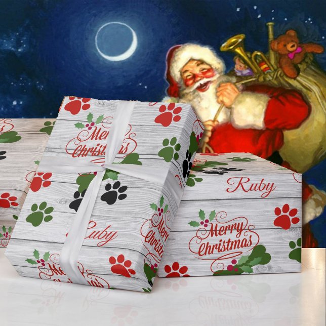 Papel De Presente Feliz Cachorro de Natal adicione nome Bone & Pawpr (Criador carregado)