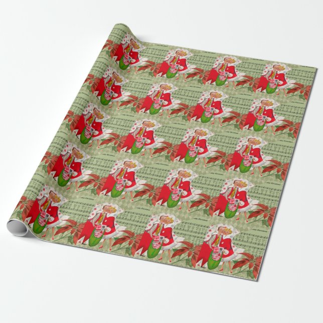 Papel De Presente Feliz Casal de Natal Retro dos Anos 1950  (Desenrolado)