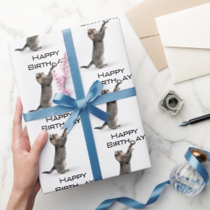 Papel De Presente Feliz Cinza de Aniversário, Tabelas de Gato