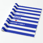 Papel De Presente Feliz Coração de Padrão Branco Azul Chanucá<br><div class="desc">Texto Personalizado Caro Raziel,  Feliz Hanukkah,  Coração Vermelho,  A Família Williams,  você pode mudar ou excluir todo o texto,  Documento de Emissão de Hanukkah,  Padrão Elegante de Azul e Listras Brancas</div>
