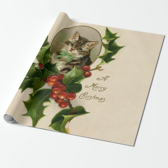 Papel De Presente Feliz de Natal Holly Kitten Arte Antiquada (Desenrolado)