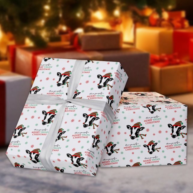 Papel De Presente Feliz de Vaca Bela Vegan Natal (Criador carregado)