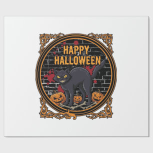 Papel De Presente Feliz Dia das Bruxas Gato Preto Abóboras Ossos_1