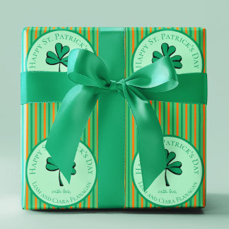 Papel De Presente Feliz Dia de São Patrício Verde e Crianças Laranja