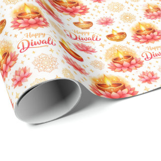 Papel De Presente Feliz Diwali — Diya & Lótus em Aquarela