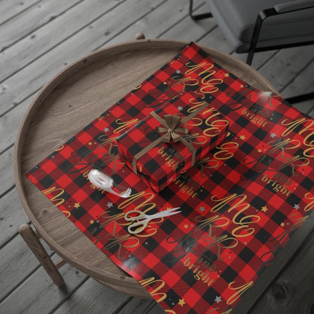 Papel De Presente Feliz e Brilho da Xadrez Vermelha Negra (merry and bright buffalo red and black tartan wrapping paper)