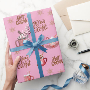 Papel De Presente Feliz e Brilho e cacau quente, cor-de-rosa, Natal