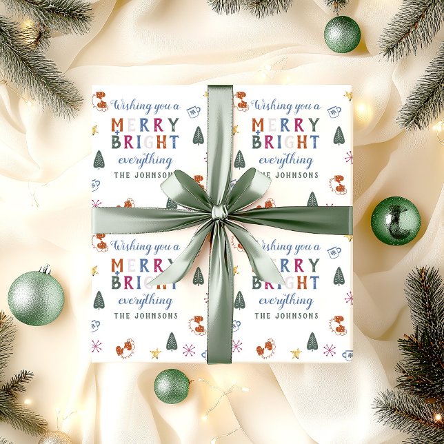 Papel De Presente Feliz e Brilho Tudo Colorido Personalizado (Merry & Bright Christmas wrapping paper)