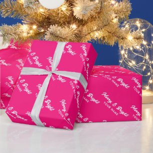 Papel De Presente Feliz e néon cor-de-rosa brilhante Natal