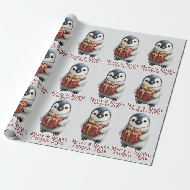 Papel De Presente Feliz e Pinguim Brilhante Natal (Desenrolado)