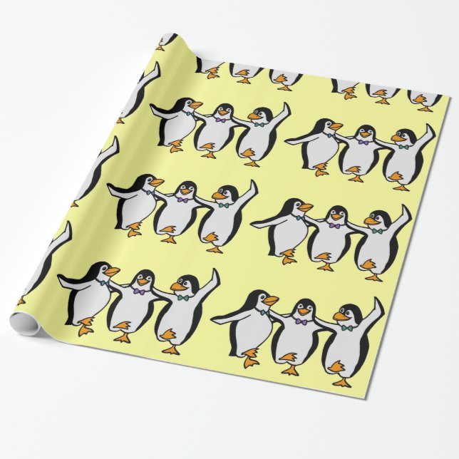 Papel De Presente Feliz Festa de aniversário de Pinguins Dançantes (Desenrolado)