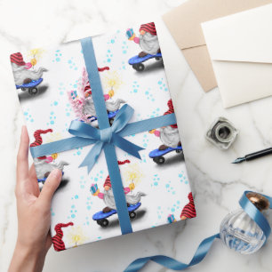 Papel De Presente Feliz Gnomo de Patinador com presentes e faíscas