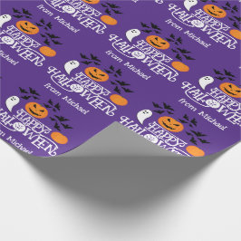 Papel De Presente Feliz Halloween abóboras fantasmas matizes texto r