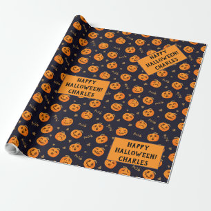 Papel De Presente Feliz Halloween Engraçado Pumpkin Laranja Assusta