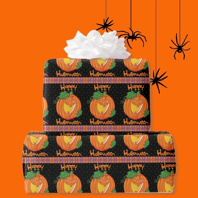 Papel De Presente Feliz Halloween Pumpkin Candy Corn Jack O Lanterna (Criador carregado)