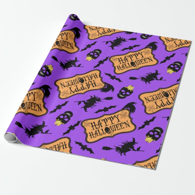 Papel De Presente Feliz Halloween Roxo (Desenrolado)