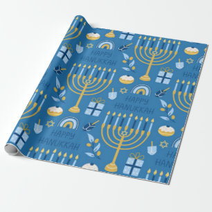 Papel De Presente Feliz Hanukkah Blue Star de David Menorah