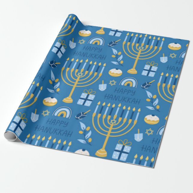 Papel De Presente Feliz Hanukkah Blue Star de David Menorah (Desenrolado)