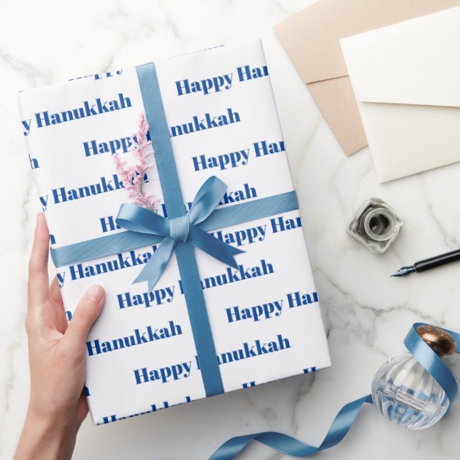 Papel De Presente Feliz Hanukkah, branco e padrão azul moderno (Presentear)