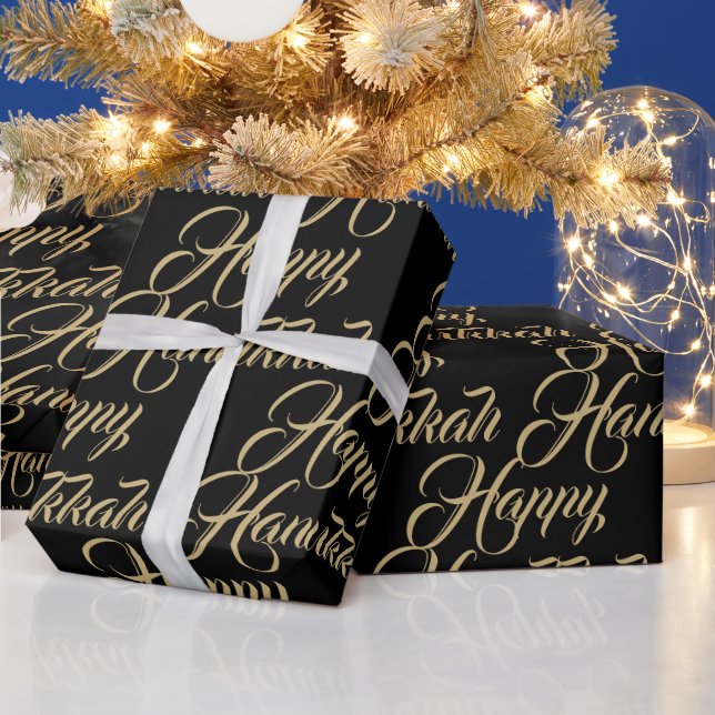 Papel De Presente Feliz Hanukkah dourado preto, moderno roteiro eleg (Feriados)