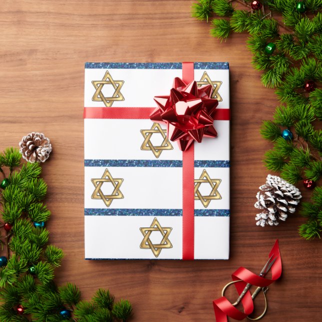 Papel De Presente Feliz Hanukkah, Estrela Dourada de David White Blu (Presente de Natal)