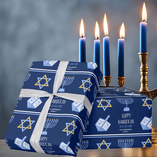 Papel De Presente Feliz Hanukkah Linda Família Judaica Azul Personal (Criador carregado)